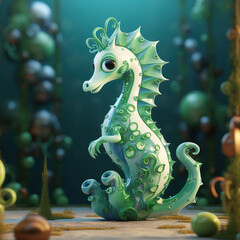 Cartoon character blue aquamarine seahorse 3d illustration for children wood generative ai