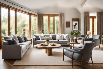 modern living room with fireplace, Interior of light living room with grey sofas, wooden armchair and coffee table