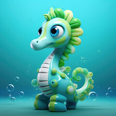 Cartoon character blue aquamarine seahorse 3d illustration for children wood generative ai