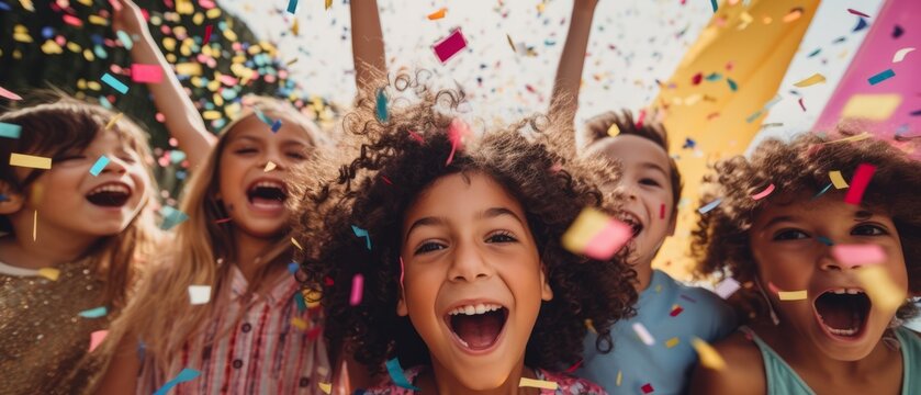 Happy children celebrate birthday together with confetti. Generative AI