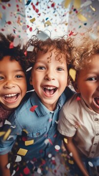 Happy children celebrate birthday together with confetti. Generative AI