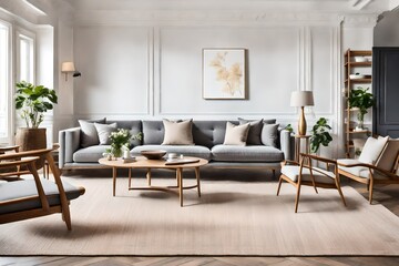 Fototapeta premium modern living room with fireplace, Interior of light living room with grey sofas, wooden armchair and coffee table