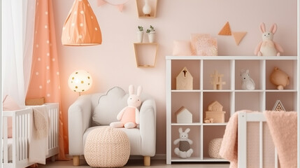 Scandinavian Sweetness. White Bookcase Enhanced with Plush Toys in Peach Pink Nursery