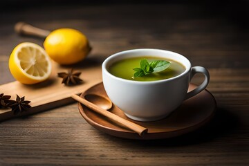 A cup of  honey and sour green tea with lemon