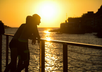 Fototapeta premium atardecer de verano en San Sebastian Donostia puerto bahia de la Concha mar barcos