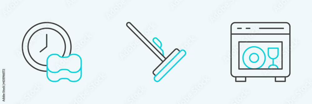 Poster set line dishwasher machine, washing dishes and mop icon. vector