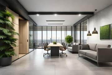 Eco style interior design in modern open space office with grey tables and chairs, wooden decor wall and concrete floor