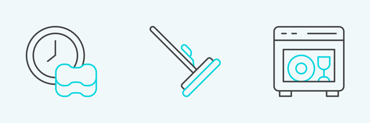 Set line Dishwasher machine, Washing dishes and Mop icon. Vector