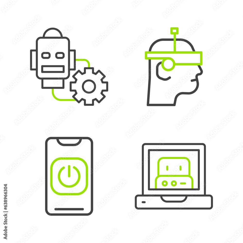 Poster set line creating robot, turn off from phone, smart glasses and robot setting icon. vector