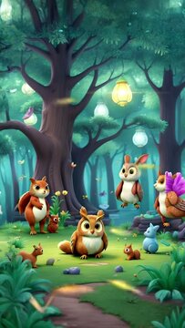 animated cartoon animals in the forest, suitable for children's song backgrounds, video loops, vertical video