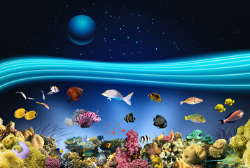 Fototapeta na wymiar Nature seascape with underwater creatures and night starry sky over surface - coral and fish