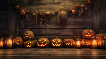 Halloween Pumpkinswith lights on wooden background