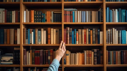 Fotobehang Oude deur Person's hand selects and pulls a book from a bookshelf