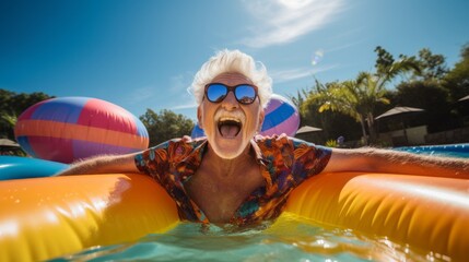 A brightly dressed elderly man in a swimming pool. Generative AI
