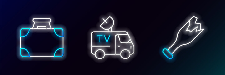 Set line Broken bottle as weapon, Briefcase and money and TV News car icon. Glowing neon. Vector