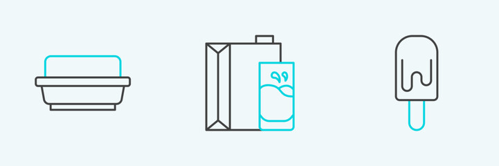 Set line Ice cream, Butter in butter dish and Paper package for milk icon. Vector