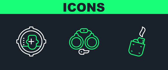 Set line Lighter, Headshot and Handcuffs icon. Vector