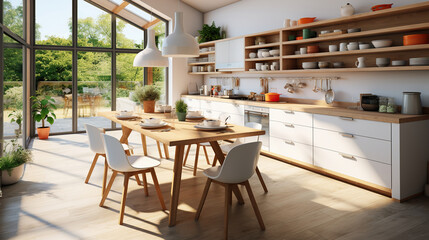 Obraz premium Scandinavian kitchen design with white chairs adjacent and numerous dishes and utensils on light kitchen furniture. Generative AI