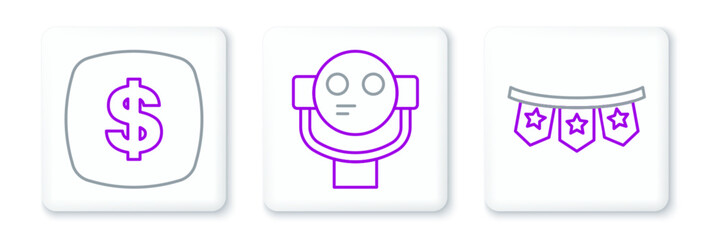 Set line Carnival garland with flags, Dollar symbol and Tourist binoculars icon. Vector