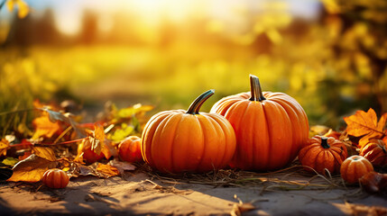 Beautiful Holiday autumn festival concept. Halloween Pumpkins. Autumn Thanksgiving day background