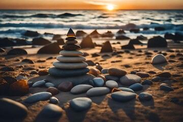 Stones pyramid on the seashore at sunset