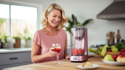 Beautiful middle-aged woman sits in the kitchen of her home and smiles while holding a smoothie glass in her hands