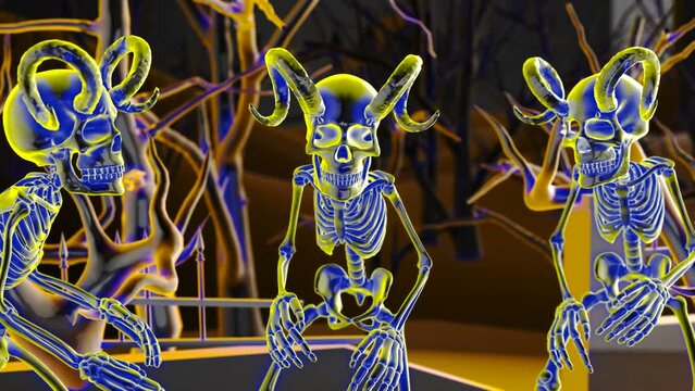Futuristic seamless animation of a glass zombie horned skeletons in a graveyard for Halloween visuals