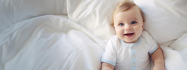 Cute adorable baby smiling on white bed sheets background, copy space