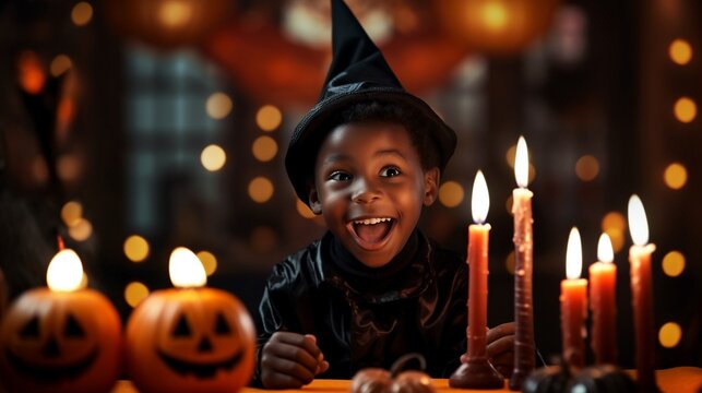Naklejka Little cute happy boy in wizard costume with candles in front, fun and amusement expression on face,  celebrating halloween pumpkin party on decorated background.