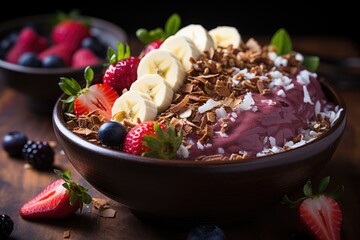 Colorful acai bowl with tropical fruits and granola., generative IA