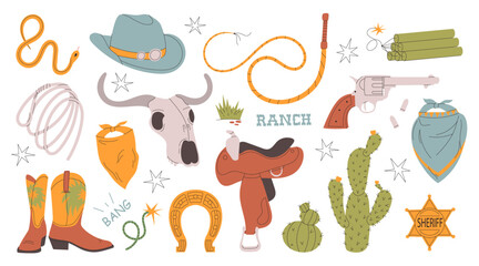 Wild west set. Various objects. Cowboy theme. Cute set of cowboy elements with cactus hat whip snake boots skull horseshoe saddle revolver. Hand drawn colored Vector set. All elements are isolated