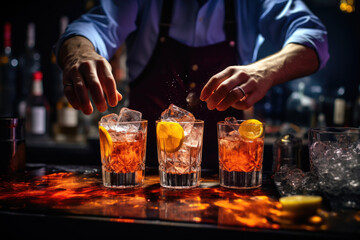Close up, skilled bartender's hands create cocktails in club