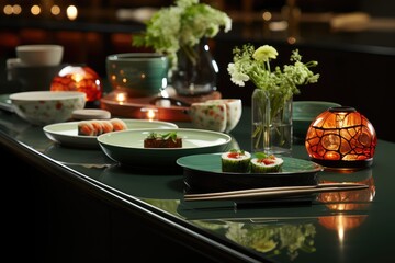 Night scene: Colorful sushi artistically arranged, awaiting tasting., generative IA