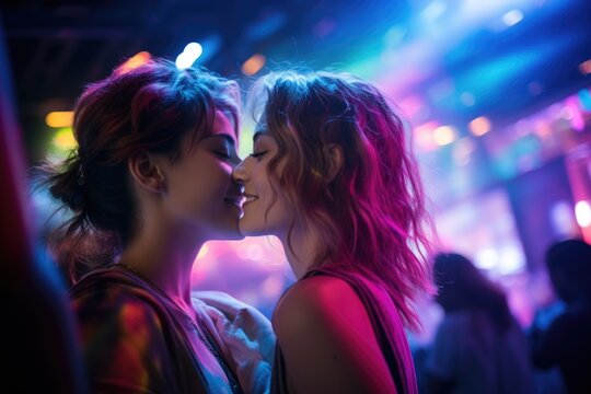 Young lesbian couple dances freely, embracing love amidst dynamic music and inclusive club atmosphere.