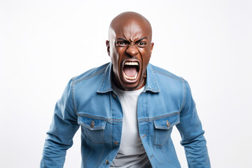 Anger African Man In Blue Jeans On White Background. Сoncept African American Mental Health, Anger Management, Stereotypes Of African American Men, The Impact Of Racial Discrimination - obrazy, fototapety, plakaty