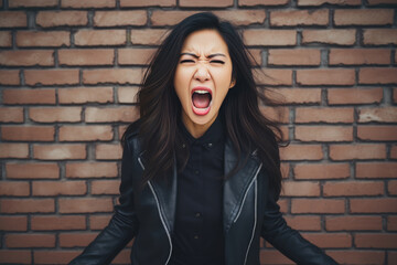 Anger Asian Woman In Black Blazer On Brick Wall Background. Сoncept Asian Female Empowerment, Anger Management Strategies, Businesswear Style Tips, The Power Of Brick Wall Aesthetics