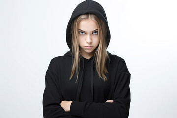 Anger European Girl In Black Hoodie On White Background. Сoncept Expressing Anger Through Body Language, European Women In Fashion, The Power Of The Hoodie, White Backgrounds In Photography