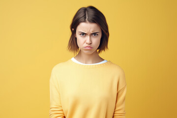 Obraz premium Anger European Girl In Yellow Cardigan On Pastel Background. Сoncept Challenging The Status Quo, Expressing Anger, European Female Empowerment, The Power Of Color