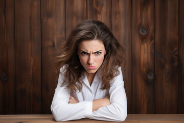 Anger European Woman In White Coat On Wooden Plank Background. Сoncept Anger Management In Europe, Working Women In Europe, White Coats In Professional Settings