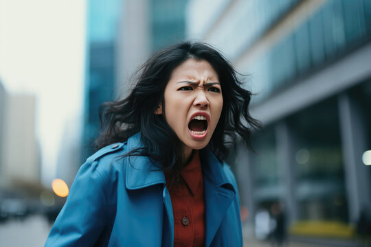 Anger Asian Woman In Blue Coat On City Background. Сoncept Asian Womens Empowerment, Anger In Asian American Communities, Mental Health Stigma, Wearing Blue For Change