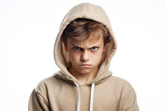 Anger European Boy In Beige Hoodie On White Background . Сoncept Beige Hoodie Fashion, European Teens And Anger, Causes Of Teen Rage, Mental Health For Young Men