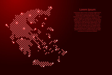 Greece map from futuristic red checkered square grid pattern and glowing stars for banner, poster, greeting card