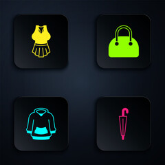 Set Umbrella, Undershirt, Hoodie and Handbag. Black square button. Vector