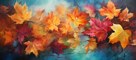 Naklejka na ściany i meble Autumnal Splendor, Colorful Fall Leaves Blanketing the Ground