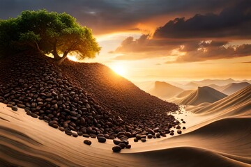 Coffee beans in dessert over sunset, ai generated