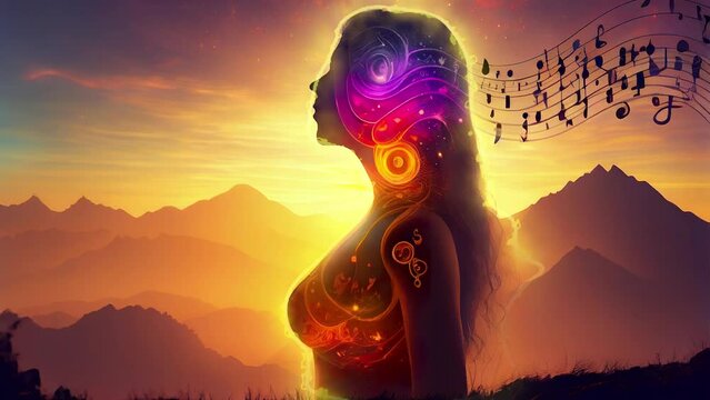 Woman in Sound healing therapy and yoga meditation , uses aspects of music to improve health and well being. can help your meditation and relaxation.