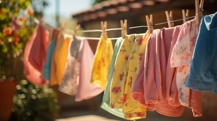 After being washed, childrens colorful clothing dries on a clothesline in the yard outside in the sunlight.genearative ai