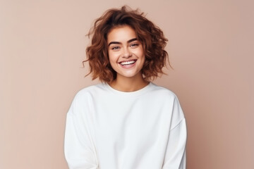 Happiness European Woman In White Sweatshirt On Pastel Background. Сoncept Flourishing Femininity, Euphoric Empowerment, Optimistic Outlooks, Comfortable Comfortwear