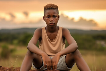 Sadness African Boy In Beige Tank Top On Nature Landscape Background. Сoncept Sadness, African Boy, Beige Tank Top, Nature Landscape