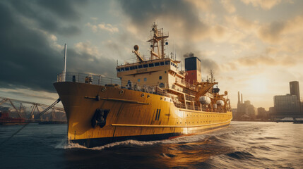 Fototapeta premium A yellow cargo ship filled with containers is sailing to a cargo port - International transportation, Generative AI